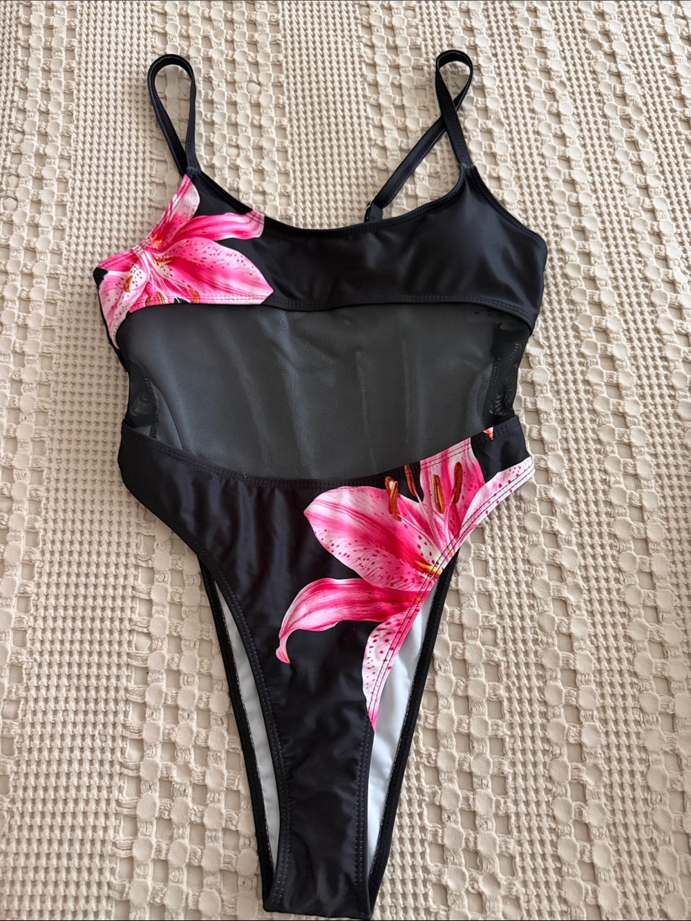 Black Women's Floral-Accent Swim Bodysuit with Pink Lily Print